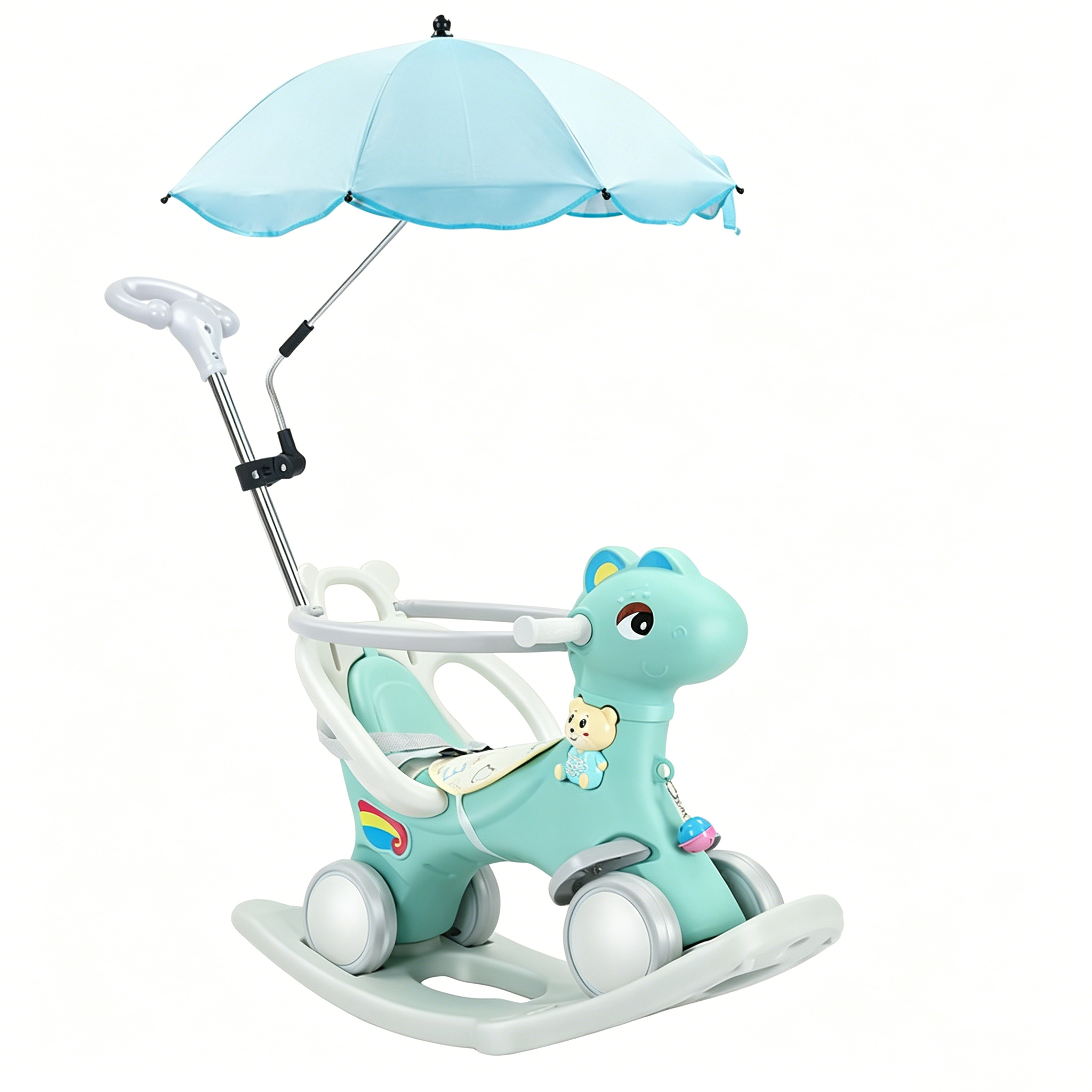 Cheval à bascule vert 4-en-1 + parasol