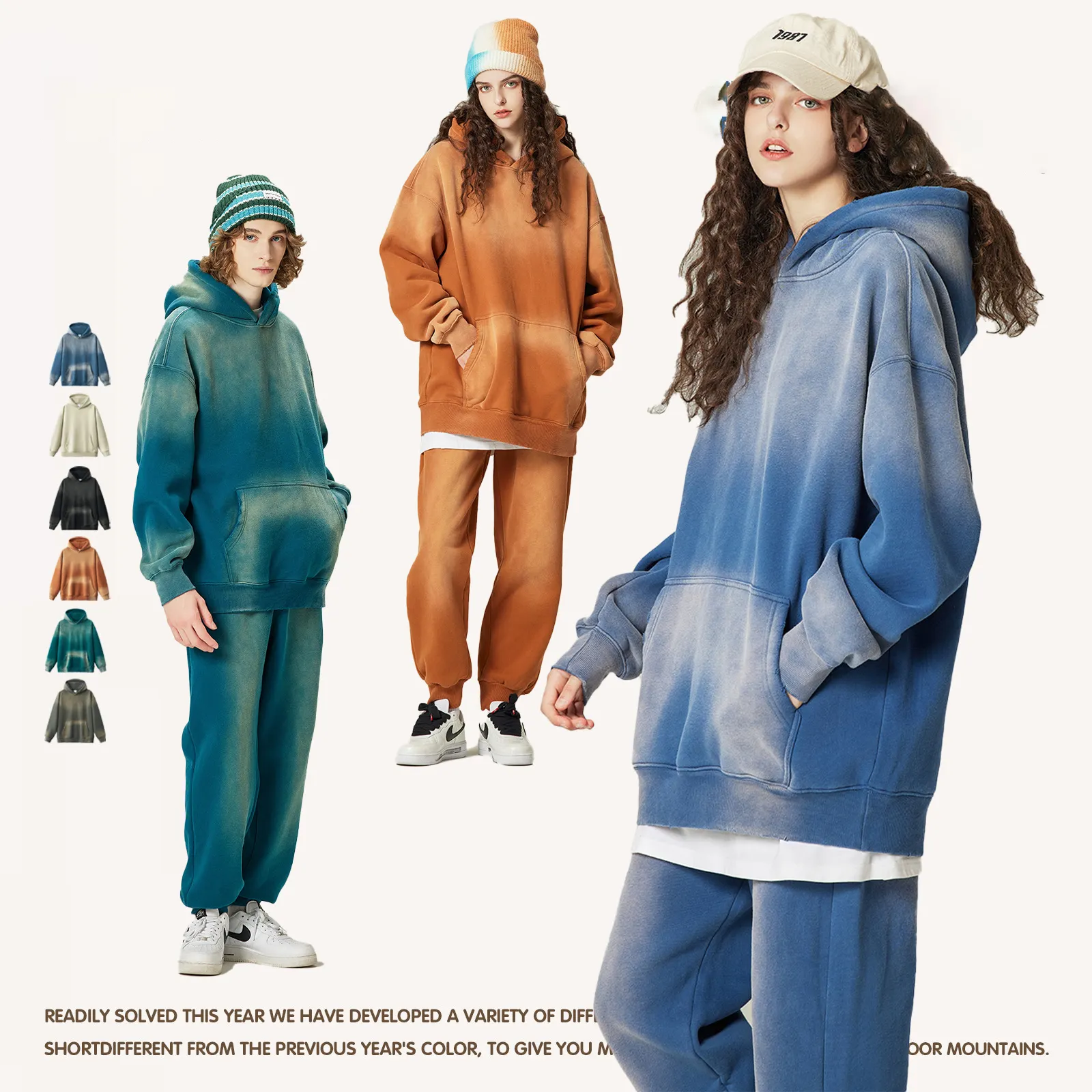 Nặng Gradient axit rửa Áo Thun đau khổ trùm đầu Bộ Enzyme hoodie phù hợp với thời trang dạo phố cao phai cổ điển Hoodies