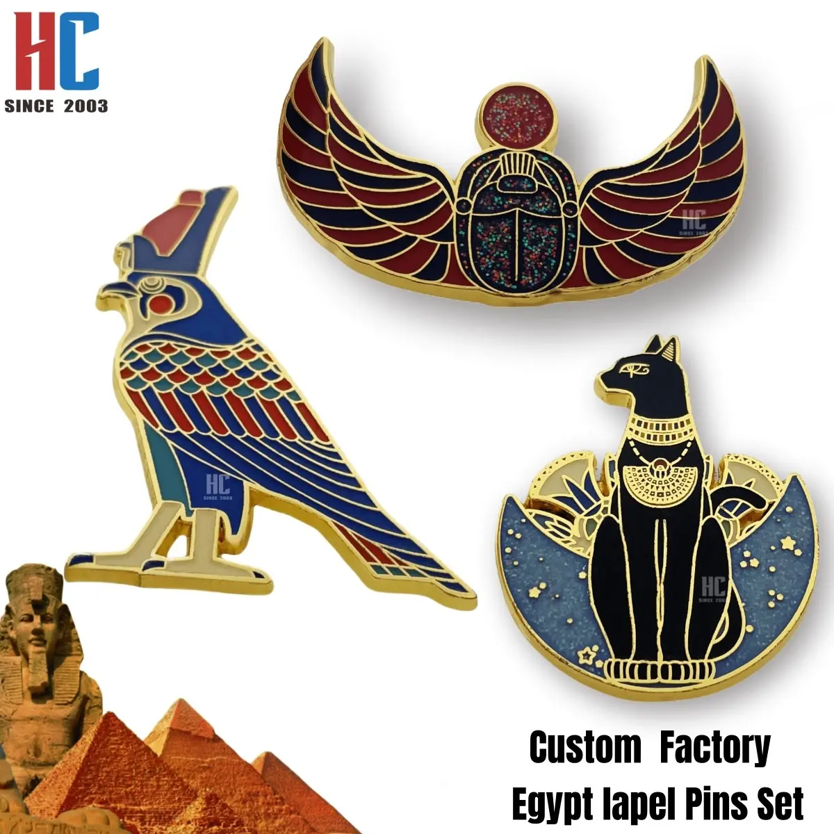 Juego de alfileres de solapa de metal de recuerdo del Antiguo Egipto personalizado de fábrica de 20 años EL ANTIGUO EGIPTO