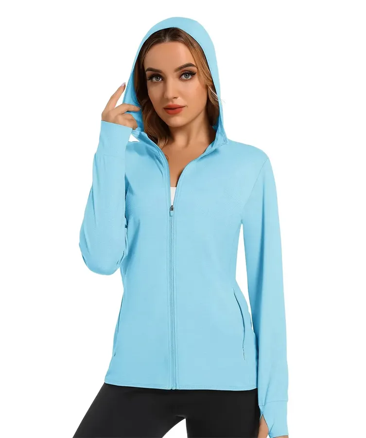 Camicia sportiva con cappuccio da donna, giacche da pesca a maniche lunghe con protezione solare UPF 50 + con cerniera, top atletici da corsa femminili all'ingrosso