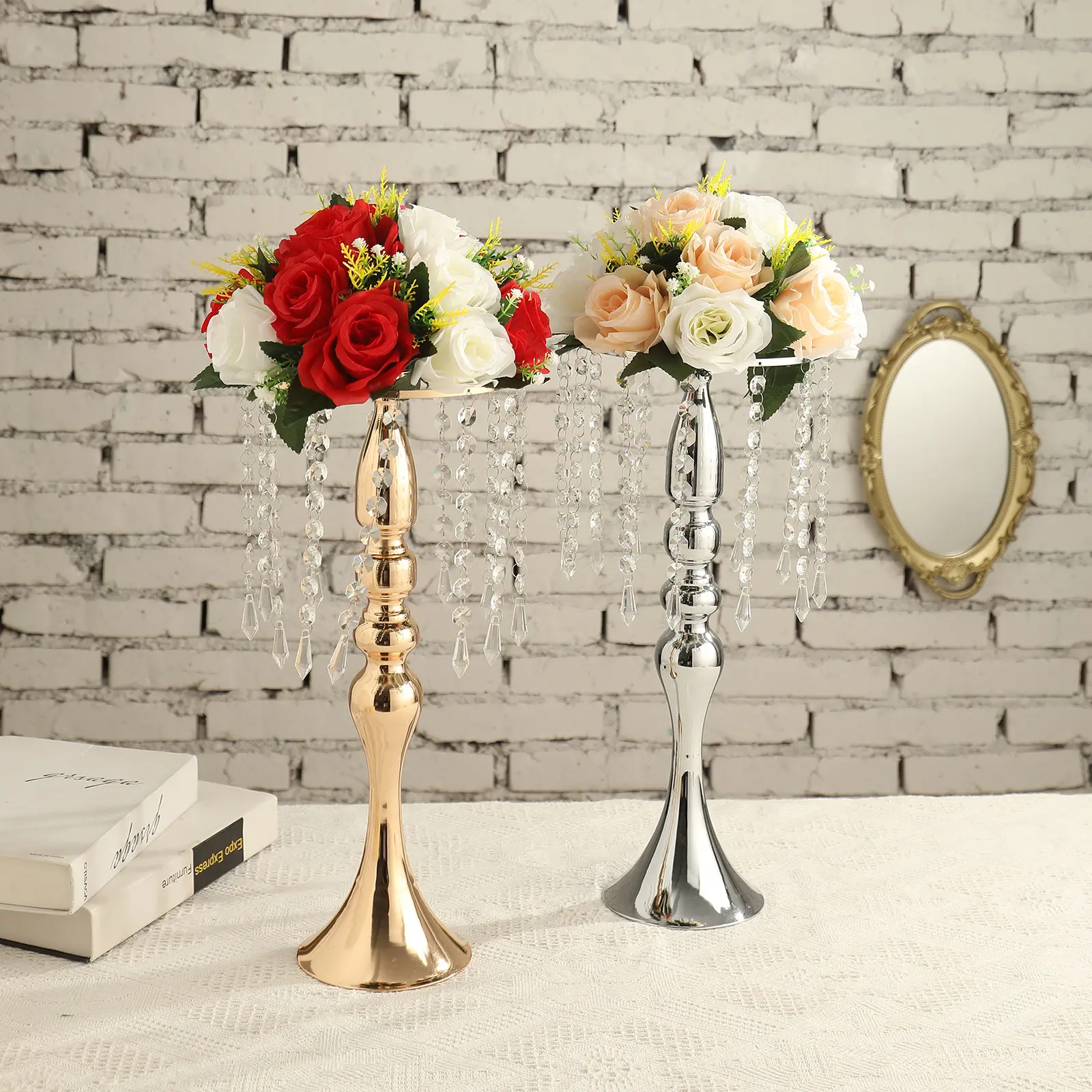 Candelabro dorado hueco de plomo para mesa de boda, soporte de Metal para florero, centro de mesa, decoraciones de boda