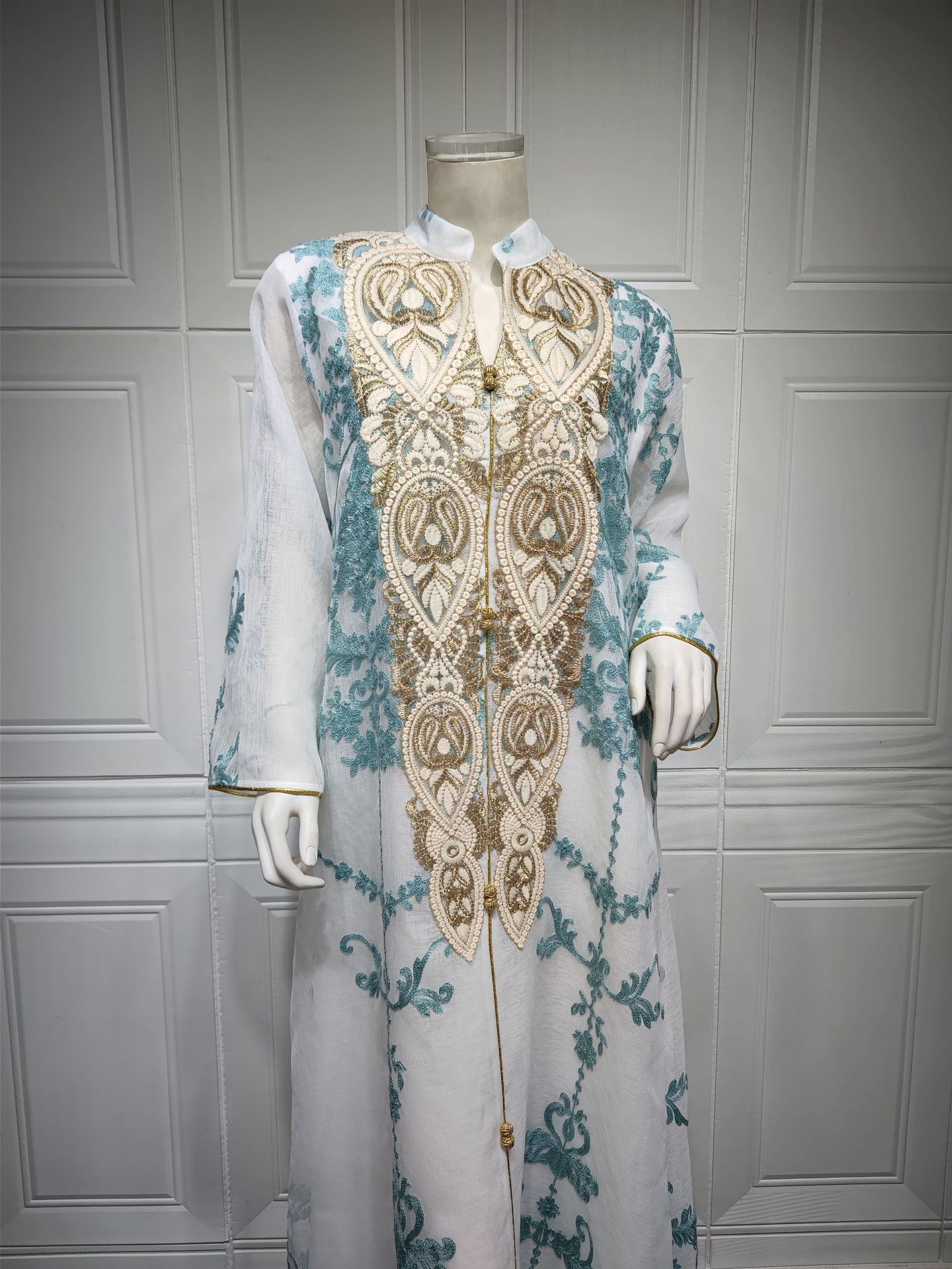 Dubai Arab Eid Al Fitr Middle East Gold Sequin Floral Embroidered Muslim Woman White Yarn Jalabiya Maxi Long Knee Length Dress