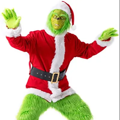 Fantasia de natal para homens, traje de papai noel adulto, 7 peças, verde peludo e grande, roupa para halloween, férias, cosplay,