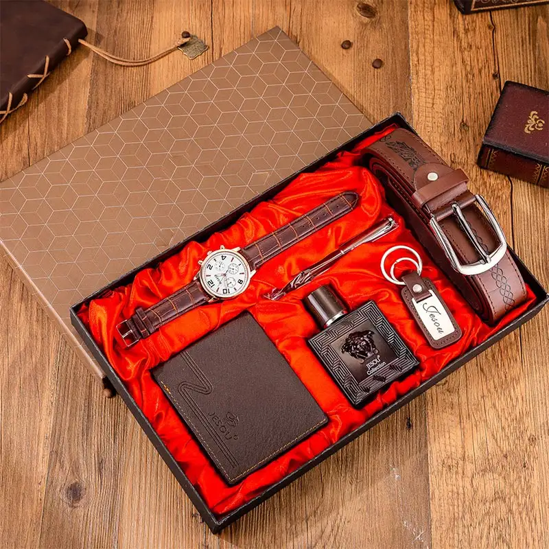 Jam tangan butik untuk pria, Set hadiah butik + dompet + Parfum + gantungan kunci + jam tangan kuarsa Dial besar + pena