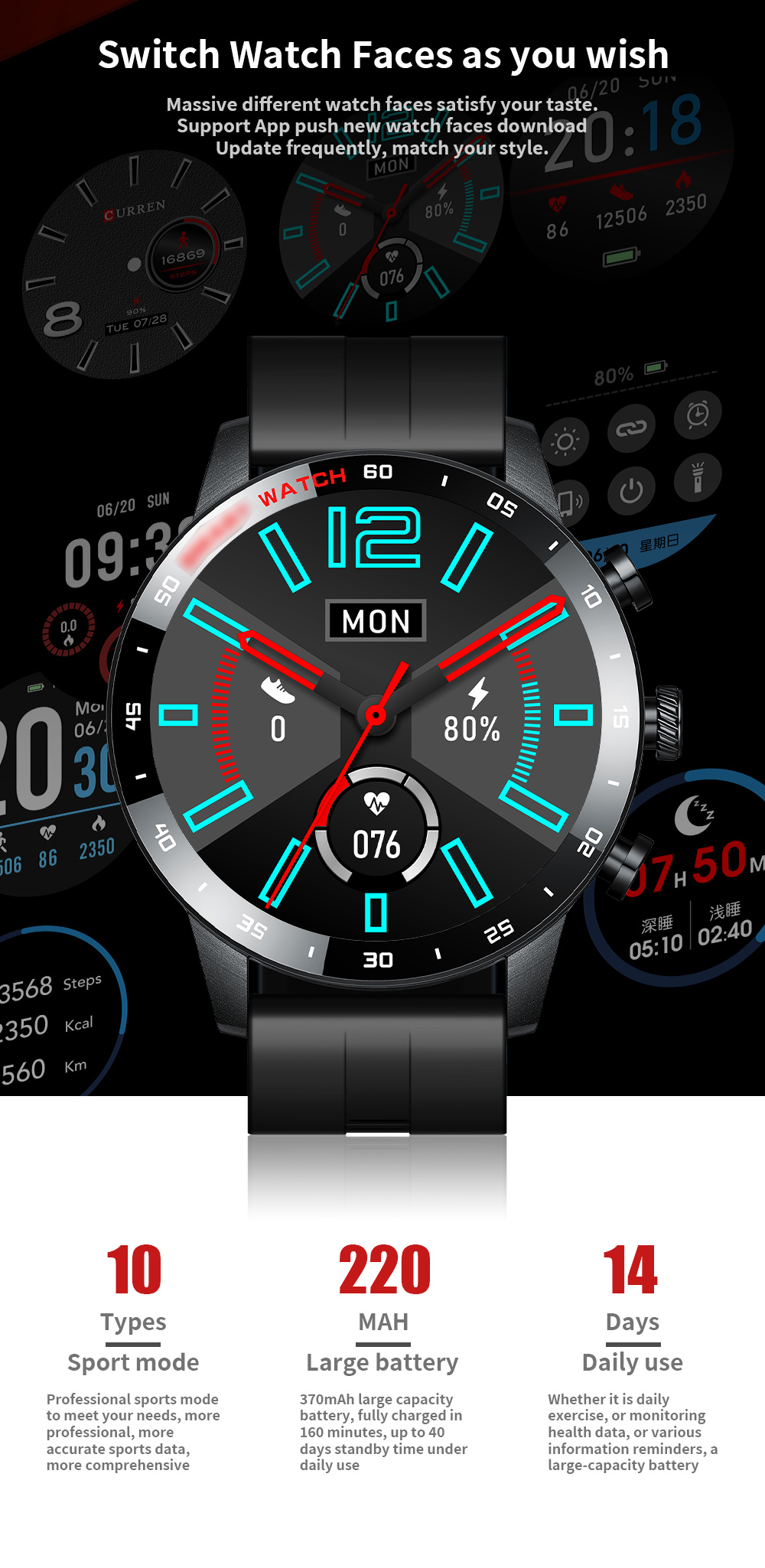 CURREN – montre étanche pour hommes, moniteur de fréquence cardiaque, moniteur de Fitness, montre numérique sport, lecture de musique, écran HD pour Android IOS