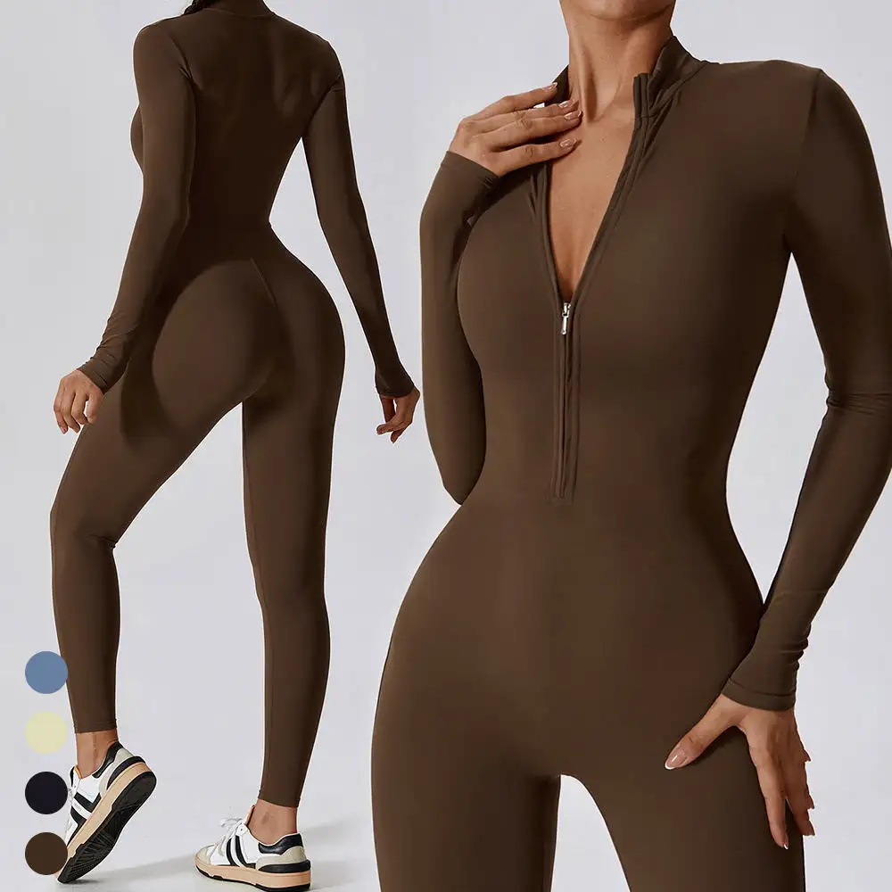 Toptan özel Logo hızlı kuru nefes yarım Zip uzun kollu tek parça tulum egzersiz tulum tulumlar oyun Bodysuits