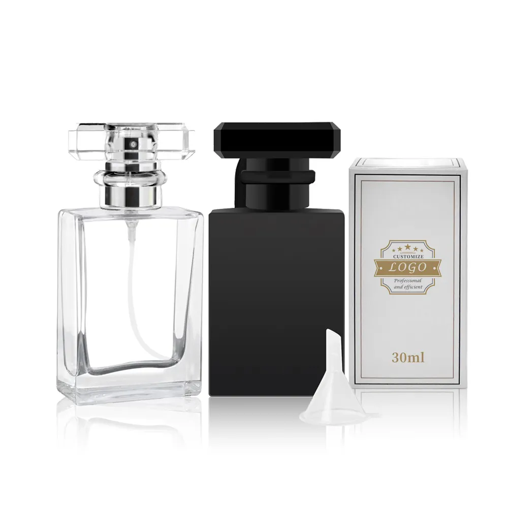 Decantación personalizada de lujo vacío 30ml 50ml 100mL negro recargable cuadrado plano Spray Perfume botella de vidrio con caja para embalaje