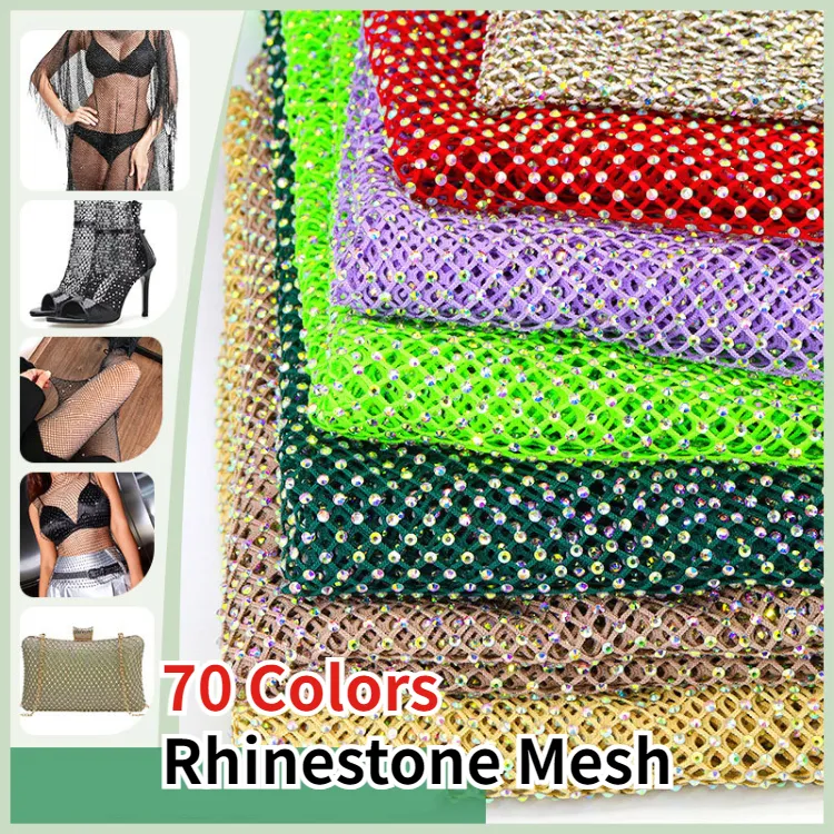 RTS 60 colores Bling Fishnet estiramiento tela elástica cristal Rhinestone malla para vestido tela zapatos bolsas