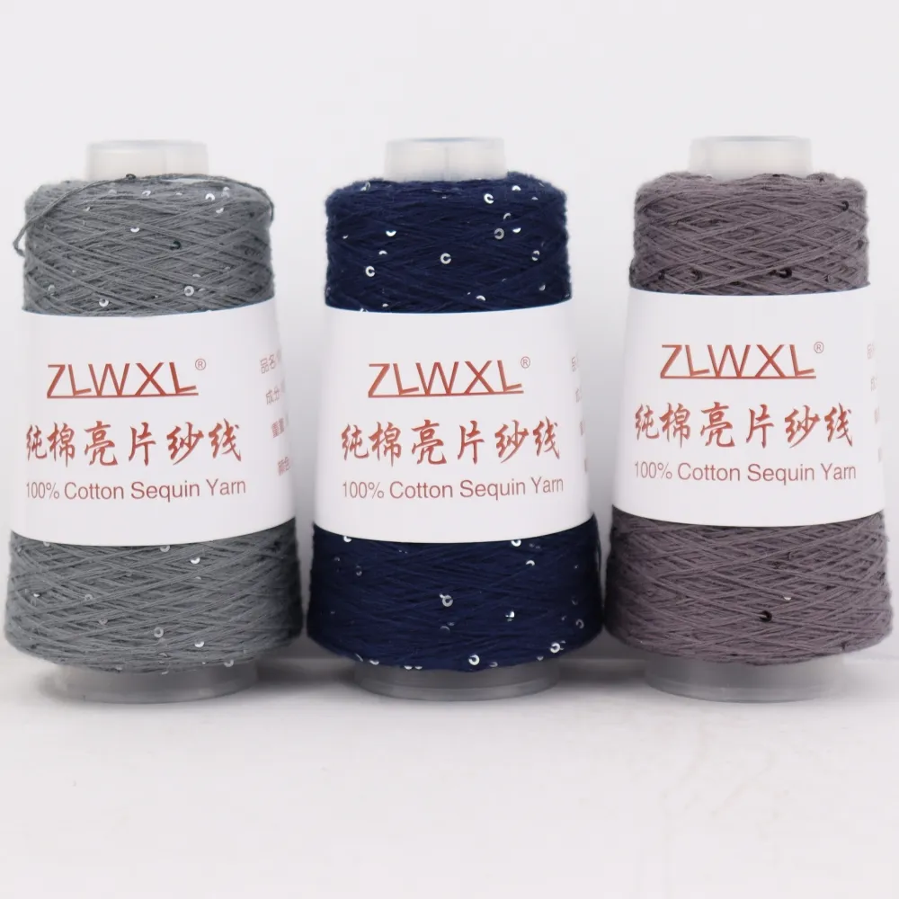 50g 400m Wholesale fancy 100% combed cotton yarn with 2mm transparent sequins for hand knitting