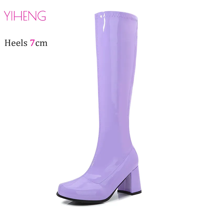 Neue FarbenLavender 60er-70er Gogo-Stiefel 7cm sexy retro Party-Kreuzkleidung gotischer Schuhe Damen quadratische Ferse Kniehohe Stiefel