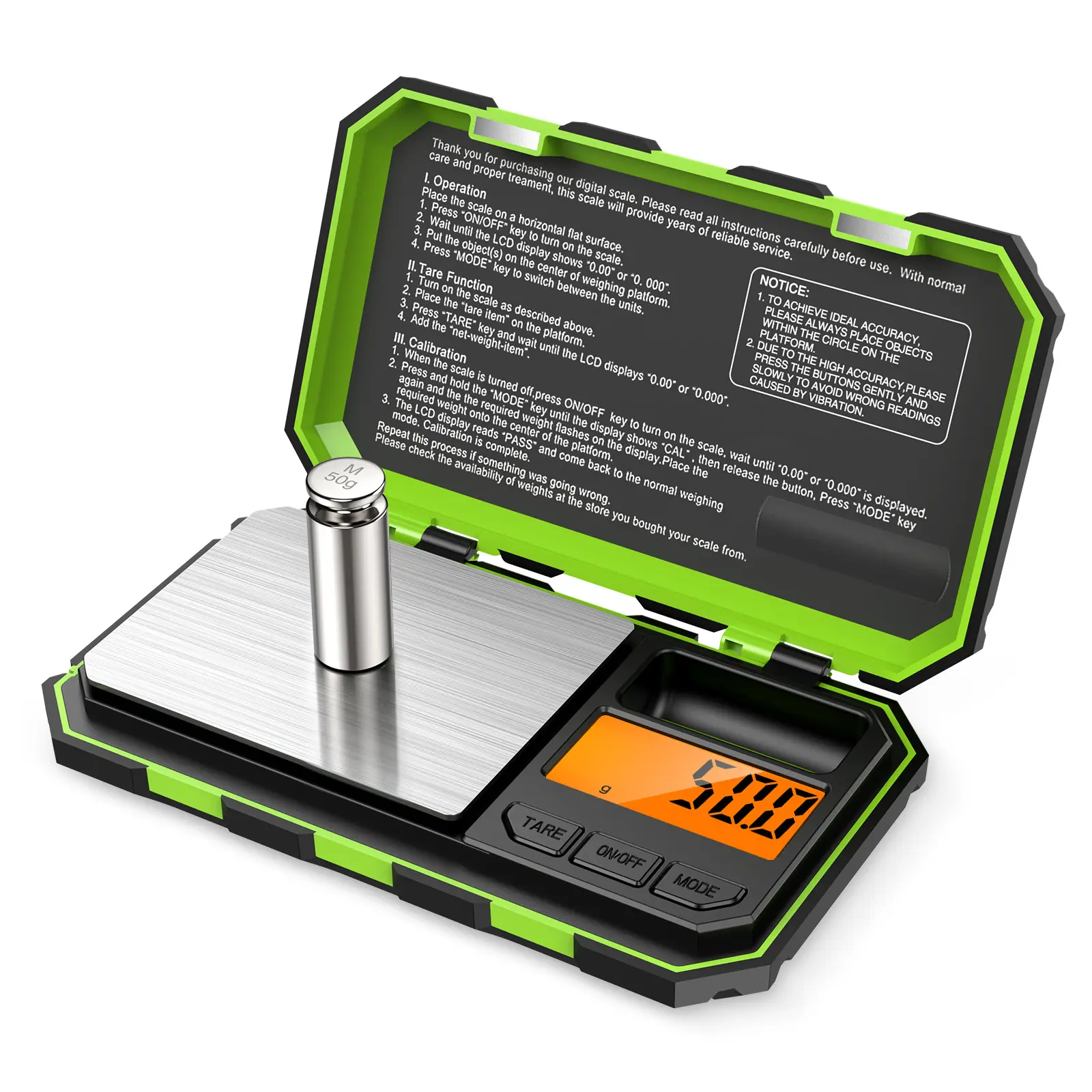 Balanza electrónica de joyería pequeña verde con un peso de 0,01 gramos y una caja de herramientas con pesas Balanza de joyería