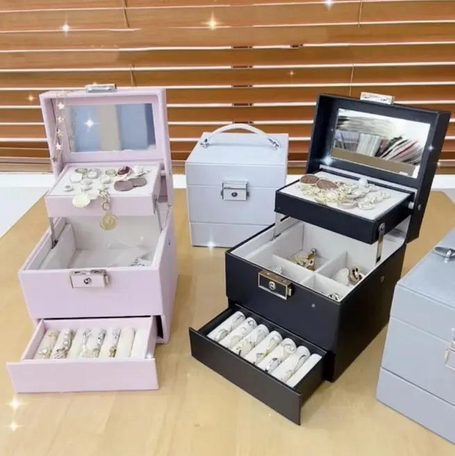 Mini boîte à bijoux Portable en cuir PU à 3 étages, boîte à bijoux de voyage avec tiroir miroir avec verrouillage, vente en gros
