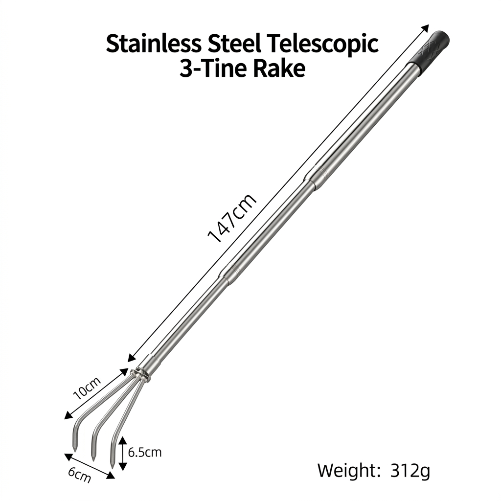 Râteau cultivateur télescopique à 3 dents en acier inoxydable (408 g)
