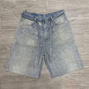 XJYD عالية الشارع مخصص حجر الراين الجينز الجينز Jorts الرجال لامعة الشمس تلاشى العصفارة مممطرةكريستال الصيف صديقها الدنيم شورت الرجال - Product Image 2