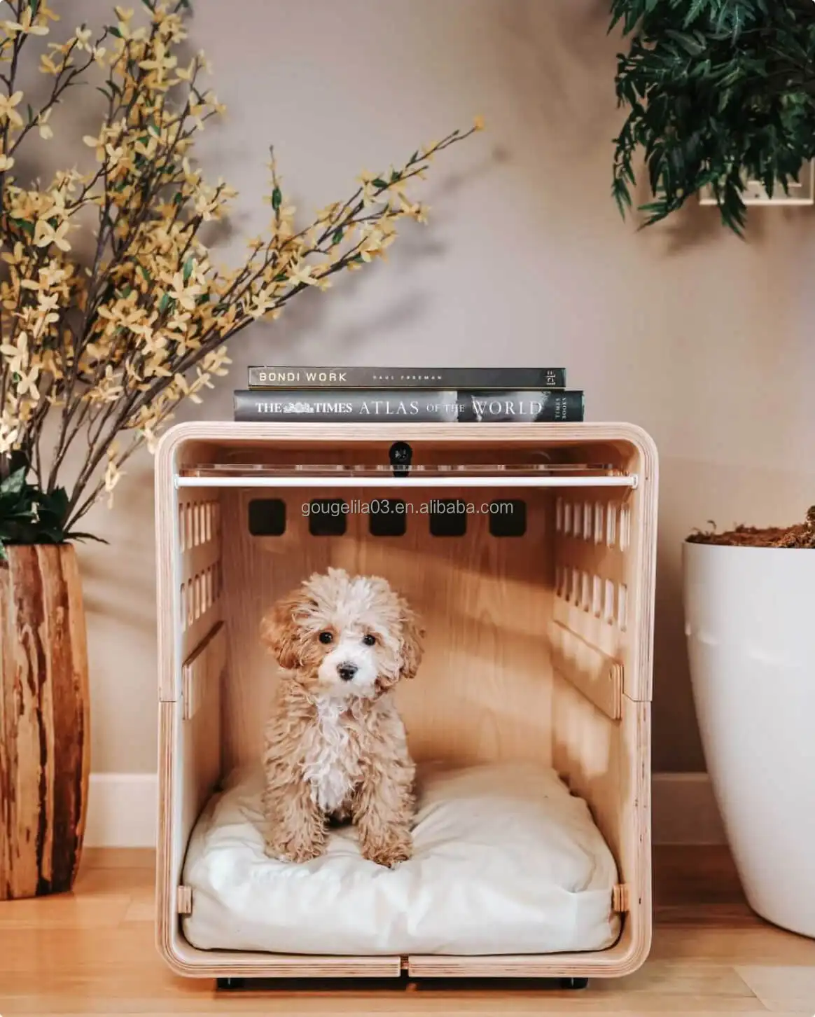 Pabrik Modern disesuaikan bergaya akrilik bening tugas berat lipat di dalam rumah kandang anjing kayu peti untuk hewan kecil