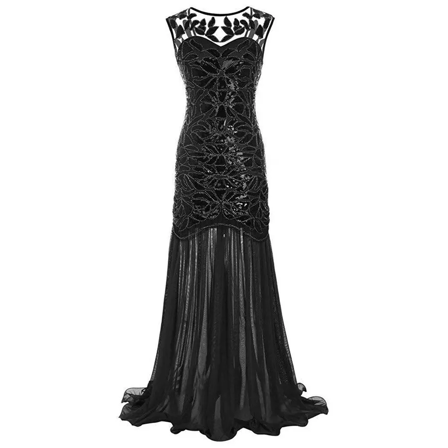 Robe de soirée longue, en paillettes, vintage, perles noires, sexy, robes pour femmes, modèle 1920