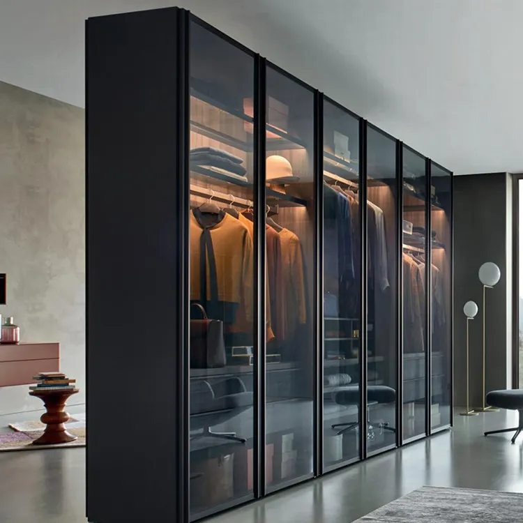 Walk in Closet-puerta de vidrio de aluminio con bisagras, armario de puerta de vidrio negro de diseño moderno
