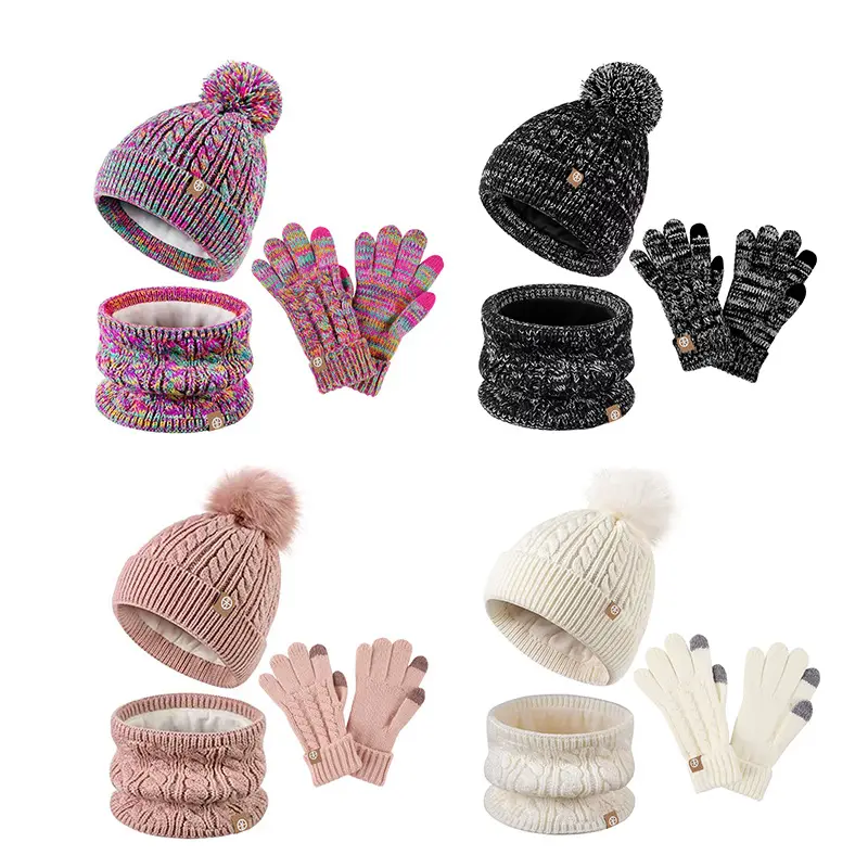 Venta al por mayor de gorros acrílicos 3 uds tejido unisex puño niños Beanie bufanda, sombrero y guante conjunto cálido térmico invierno sombrero para niña