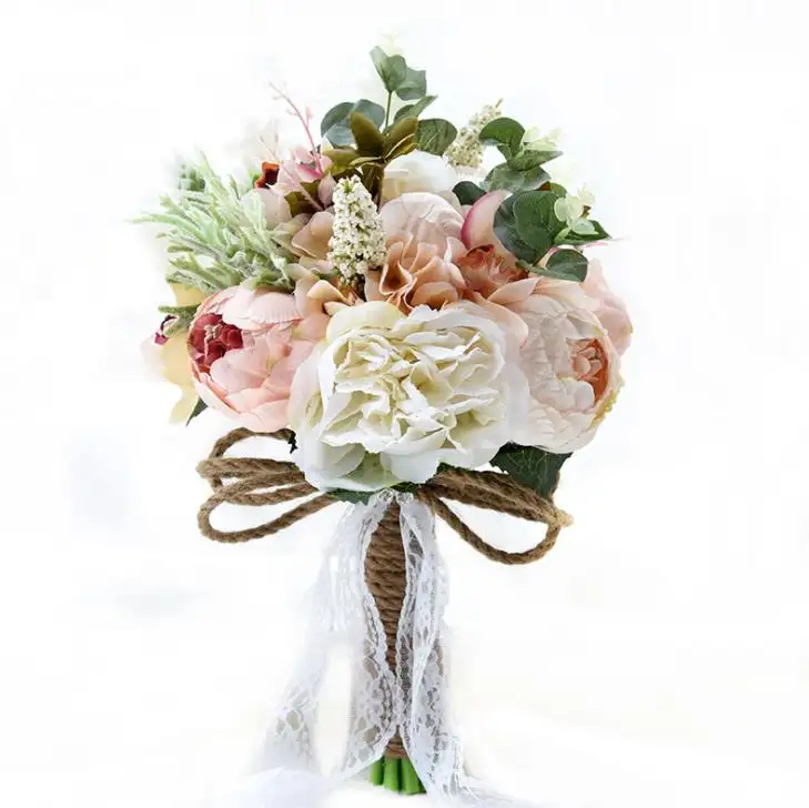 Decoratie hand bloemen wedding kunstmatige rose zijde pioen bloem boeket voor bruid en bruidsmeisjes