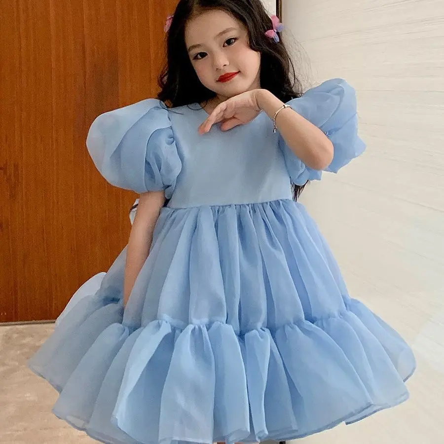 2024 été en gros enfants jupe manches bouffantes couleur unie fête princesse robes pour les filles