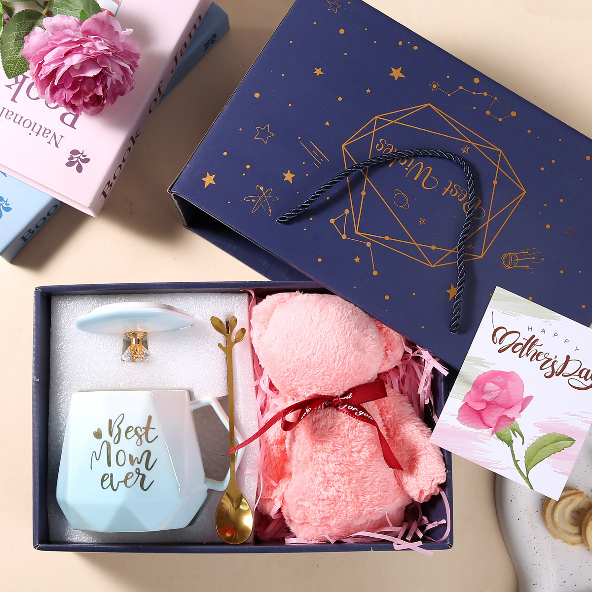 tasse couvercle cuillère serviette ours coffret cadeau-mère dégradé bleu