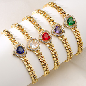 Hip Hop Personality Cuban Jewelry Copper Plated Real Gold <strong>Inlay</strong> Colored Heart Zircon Bracelet for Women - Product Image 1