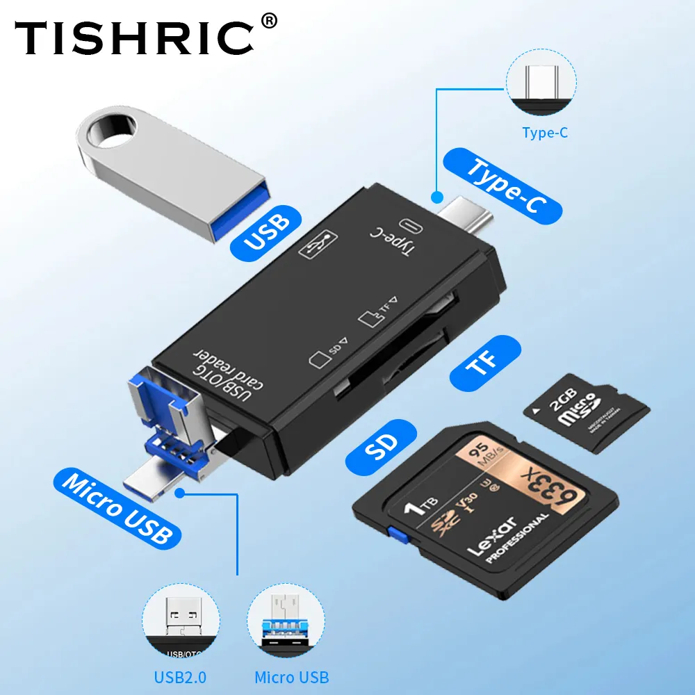 TISHRIC pembaca kartu memori adaptor, pembaca kartu SD 6 In 1 USB Tipe C ke SD mikro TF kartu memori