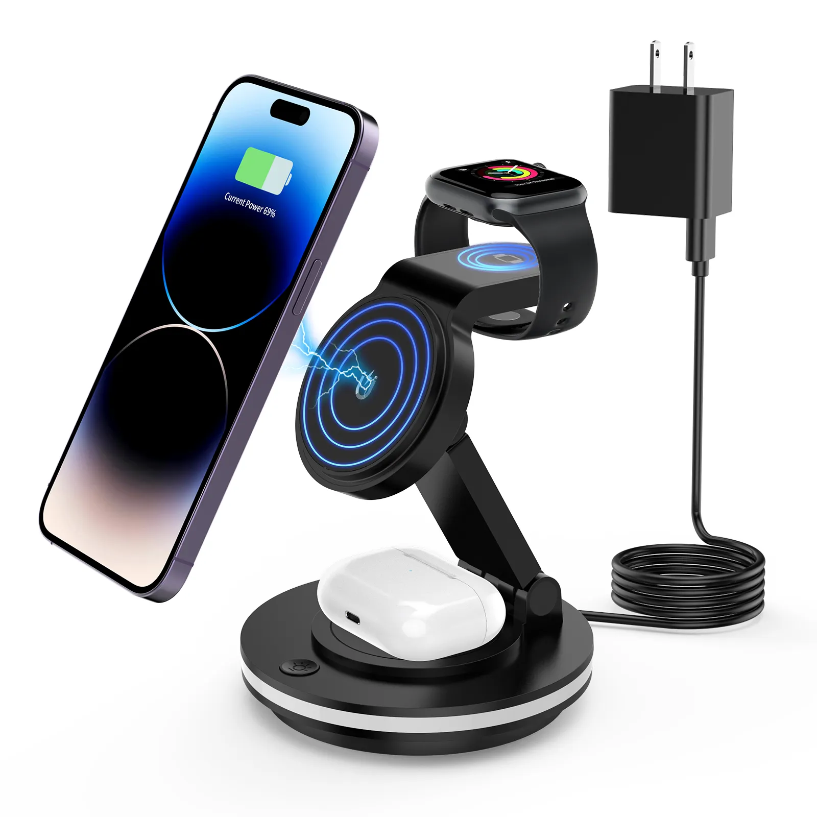 Newest Desktop Night Light 360 Degree Rotation 15W Magnetic 3 in 1 Folding Wireless Charging Station