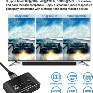 OEM ODM HDMI Switcher 3 en 1 Salida 3 puertos HDMI Selector Compatible con 8K @ 60Hz 4K @ 120Hz HDMI2.1 Switch con cable HDMI2.1 para HDTV