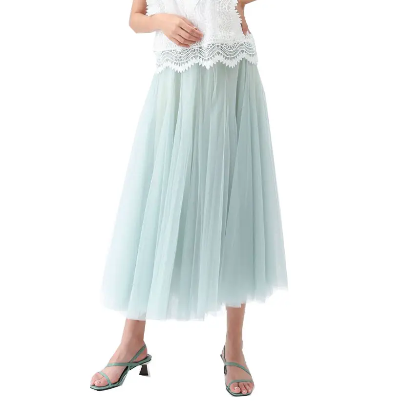 Falda larga con forro de cintura elástica alta y logotipo personalizado Falda larga de tul de malla plisada informal para mujer