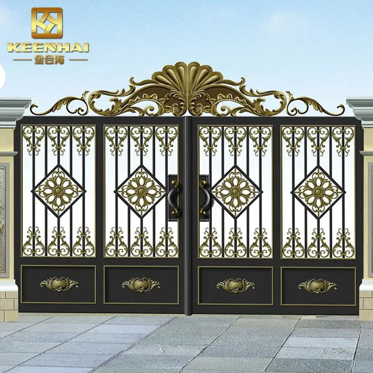 Puerta de patio delantera de hierro forjado y aluminio con recubrimiento en polvo para decoración de jardín modelo 3D para valla de granja valla de madera de Metal impermeable