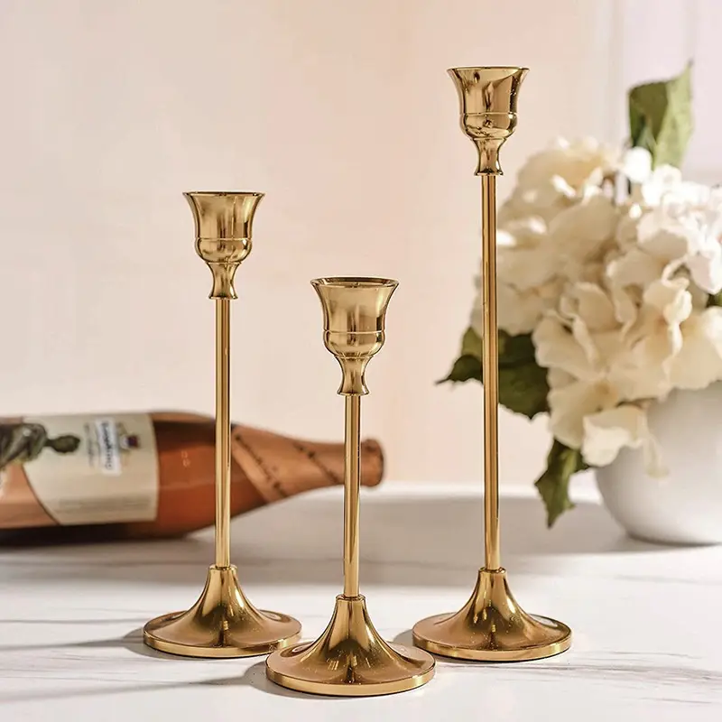 Suporte de vela de metal dourado para decoração de mesa de casamento, fundo redondo de luxo de fábrica