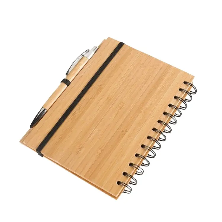 Grosir sampul kayu A5 jurnal penjilid Spiral dengan Logo pemutar pena kustom kumparan Spiral cincin ganda buku catatan buku catatan bambu