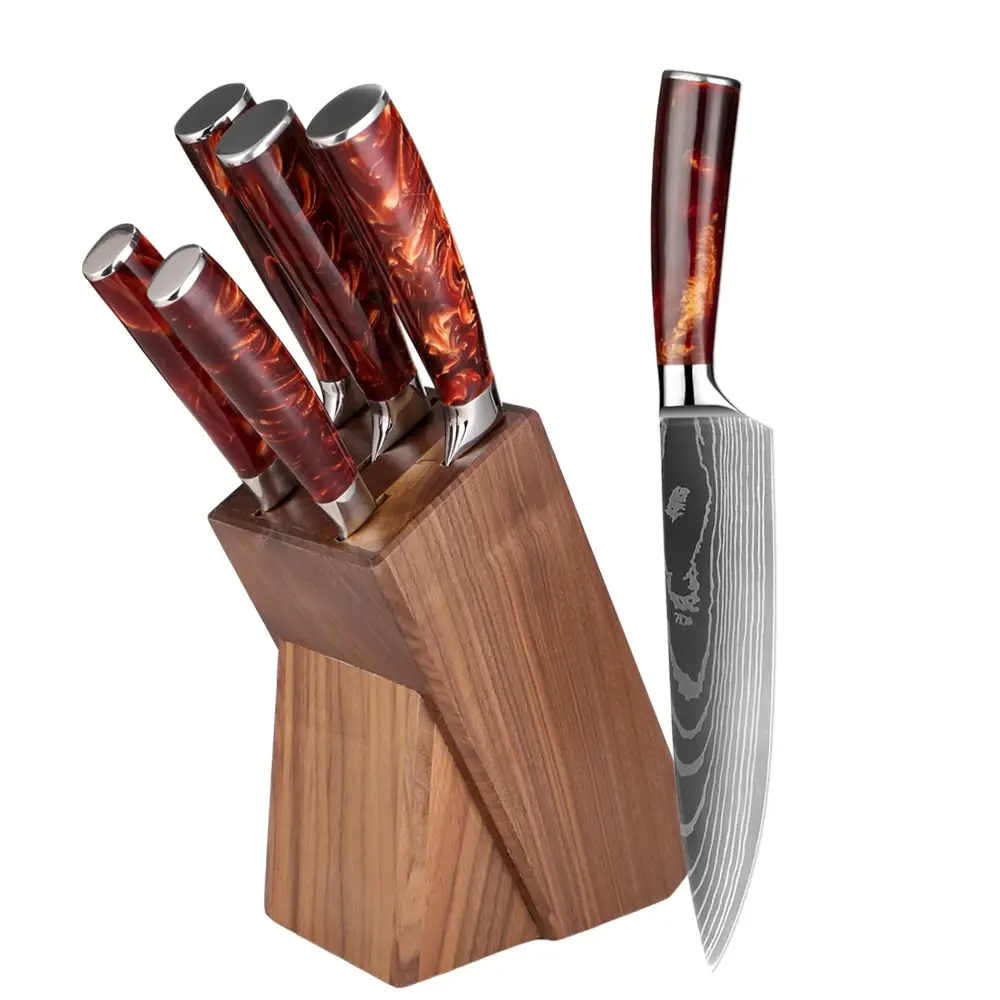 XITUO हाई-एंड 6PCS रसोई चाकू सेट में लाल राल हैंडल शेफ चाकू ब्रेड बोनिंग फल ठोस लकड़ी चाकू धारक शामिल है