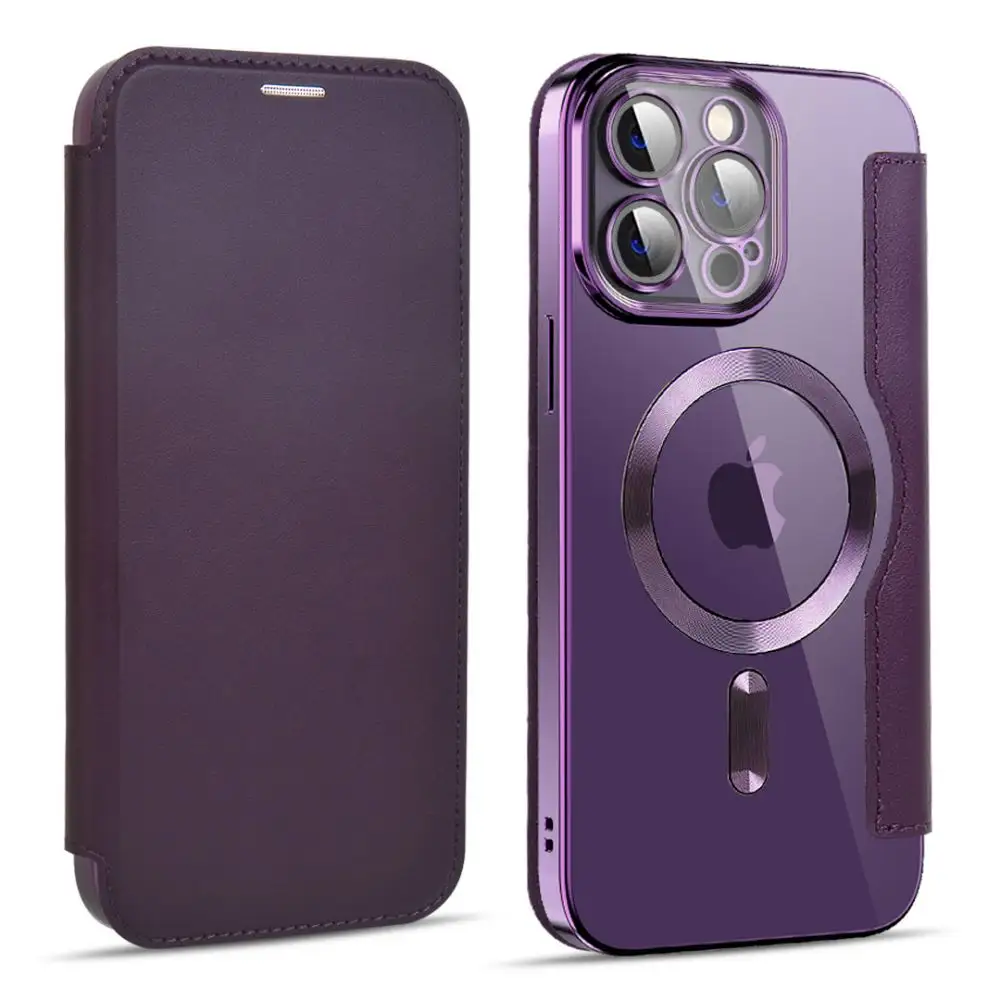 Sarung dompet pengisi daya nirkabel magnet Kulit Dompet Lipat penutup belakang bening lapisan mewah EU untuk Iphone 15