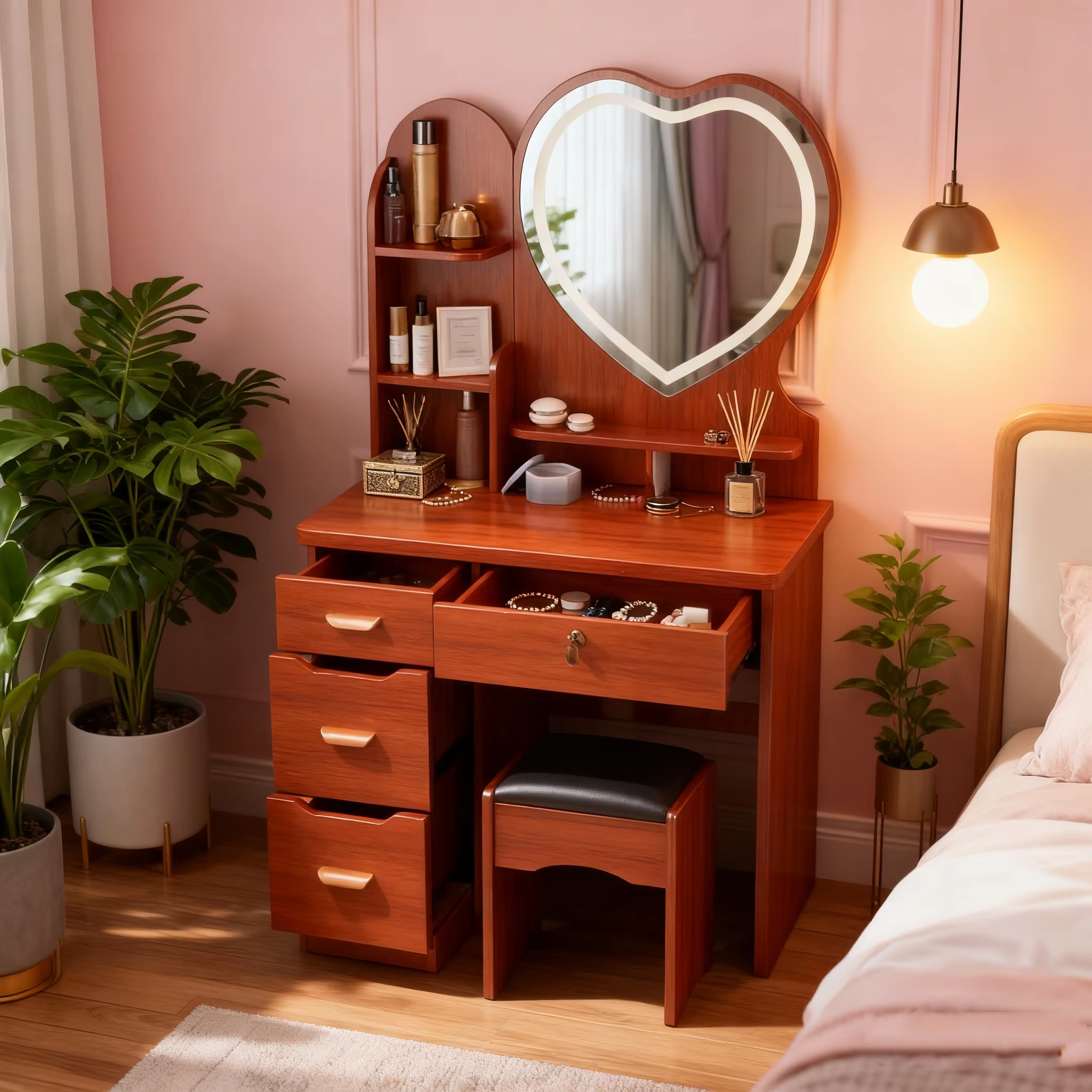 Meuble de rangement gauche lumineux en forme de cœur, couleur bois fruitier