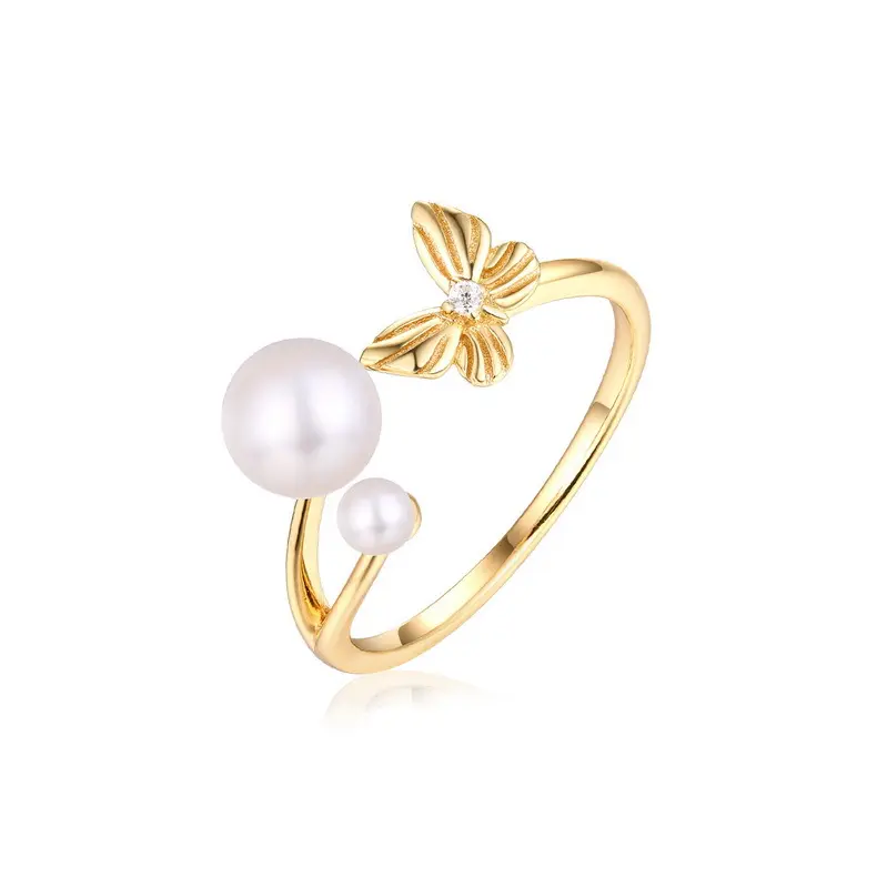 Moda S925 argento abbellimento a mano anello di perle d'acqua dolce stile farfalla anello aperto accessori donna anello papillon con perla