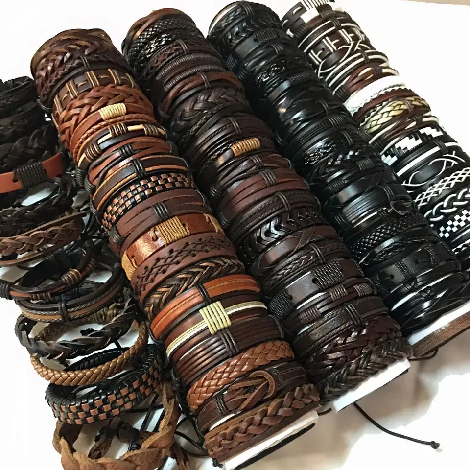 Vente en gros de perles en bois Tribal, Bracelets ethniques en cuir véritable tressé pour hommes