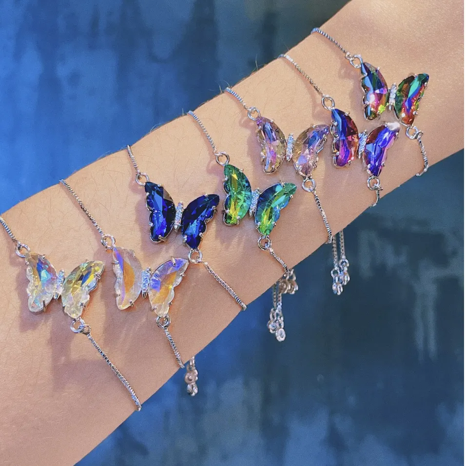 Nouveaux styles 14k plaqué or acier inoxydable dégradé de couleur papillon couches colliers de cristal papillon