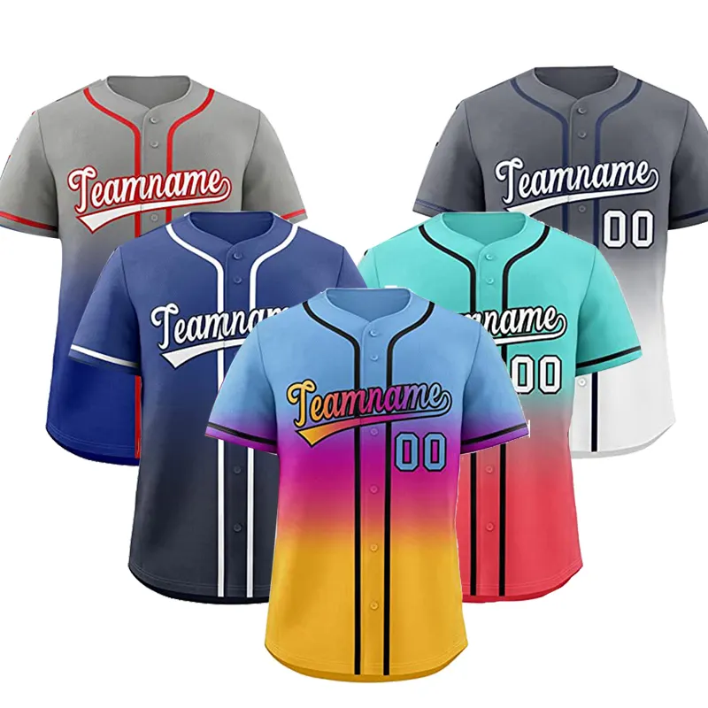 Benutzer definierte Männer Frauen Jugend Baseball Jersey Farbverlauf Button Down Baseball Shirts Genäht oder Gedruckt Name Nummer