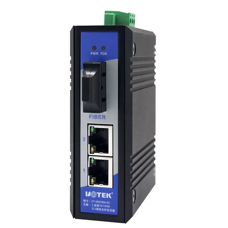 UOTEK-interruptor Ethernet Industrial no gestionado, fibra óptica, 2 puertos de UT-2602, RJ-45, 10/100M, 1