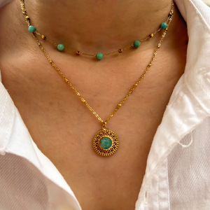 Zooying Handmade <strong>Chain</strong> Tianhe Stone Necklace with Overlapping Straps Stainless Steel Gold Plated Double Layer <strong>Chains</strong> - Product Image 1