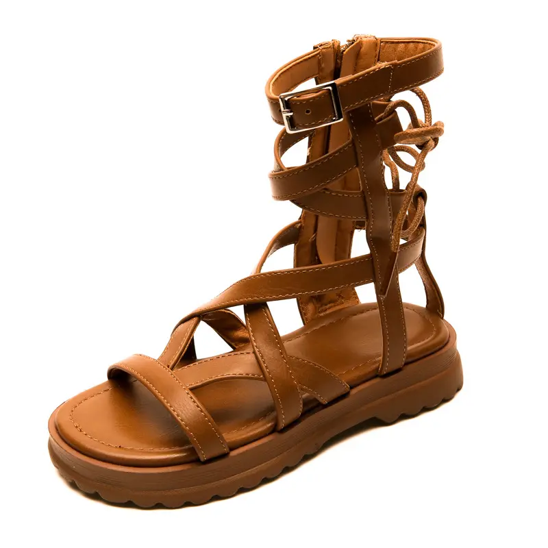 Sandali per ragazze 2022 sandali gladiatore per bambini estivi stivali con fiocco posteriore scarpe Roma scarpe da principessa a fascia stretta per bambino bambino cachi nero
