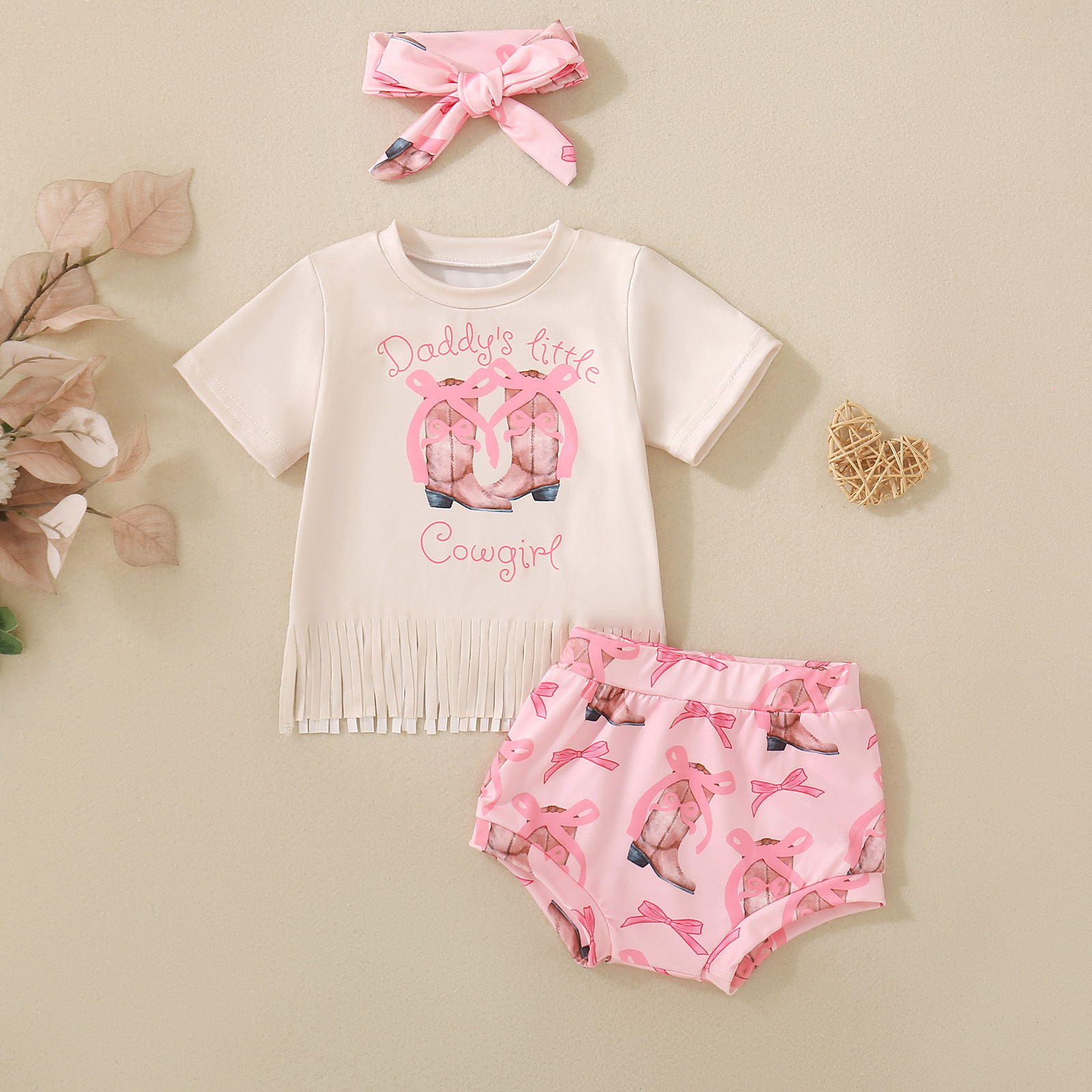 Conjuntos de ropa de vaquera para bebé niña: camisa con lazo, botas con borlas y braguitas.