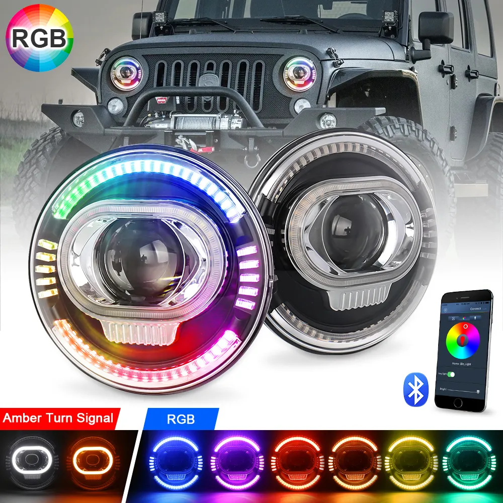 Ovovos lampu depan LED 7 inci, perakitan dengan RGB Halo putih DRL sinyal belok Amber untuk Jeep Wrangler JK TJ CJ LJ