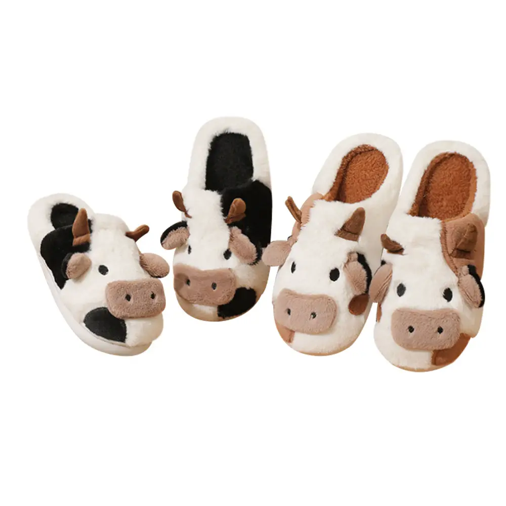 Automne hiver chaud maison intérieur anti-dérapant dessin animé animal vache en peluche pantoufles pour femme hommes