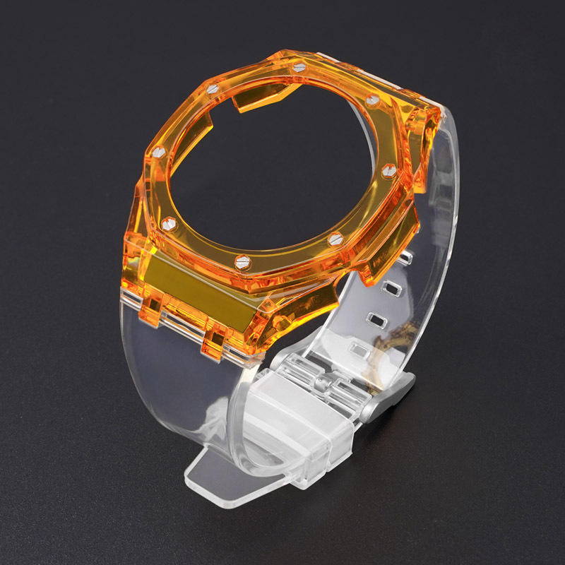 Funda naranja, correa transparente con herramientas.