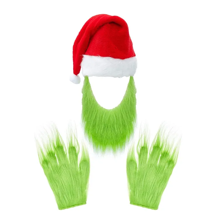 Gants Cosplay à fourrure verte de Noël et chapeau de Père Noël avec fausse barbe pour accessoire de Costume Cosplay de Noël