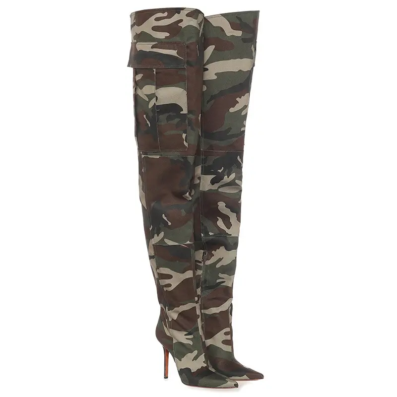 Hot Selling Over the Knee Stiefel Damen Modische Camo Stiefel High Heels Größe 47 Oberschenkel High Damen Stiefel