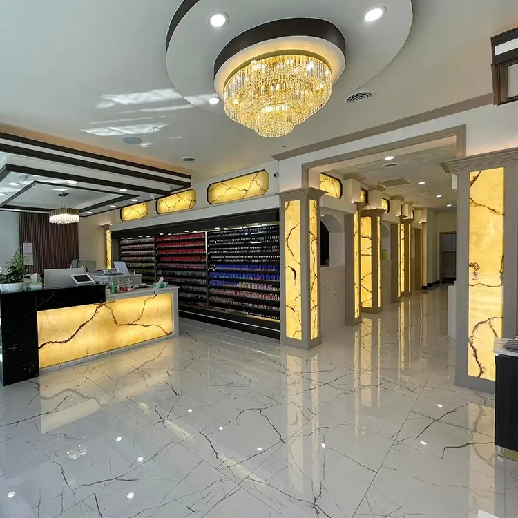 Materiale decorativo personalizzabile 6-30mm foglio di marmo onice giallo piastrella artificiale per parete caratteristica